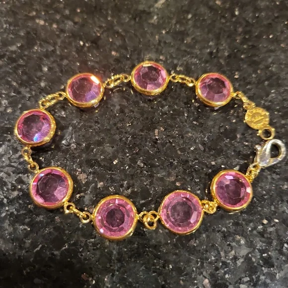 Austrian USA Crystal Pink Gold Tone Encased Crystal Bracelet 7" - Picture 1 of 9